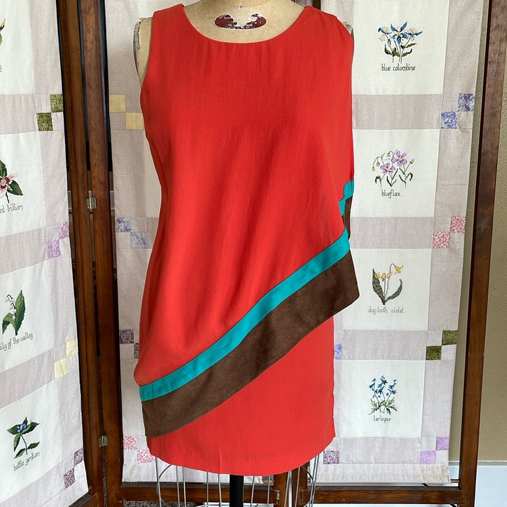 C. Luce orange sheath dress w/ faux suede/teal contrast, retro style